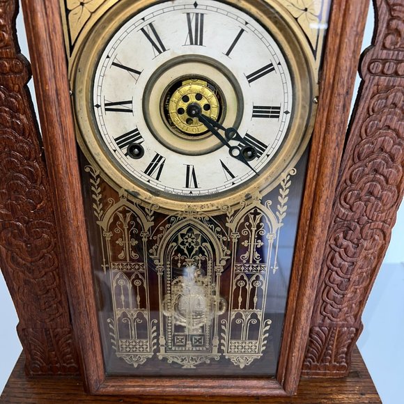 ANTIQUE INGRAHAM OAK AMERICAN GINGERBREAD CLOCK WORKING MANTLE MANTEL WINDUP - Picture 3 of 16